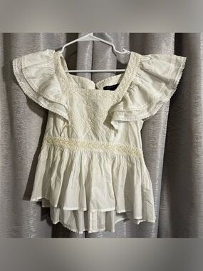 Free People Ivory Boho Embroidered Ruffle Sleeve Peplum Top XS/S